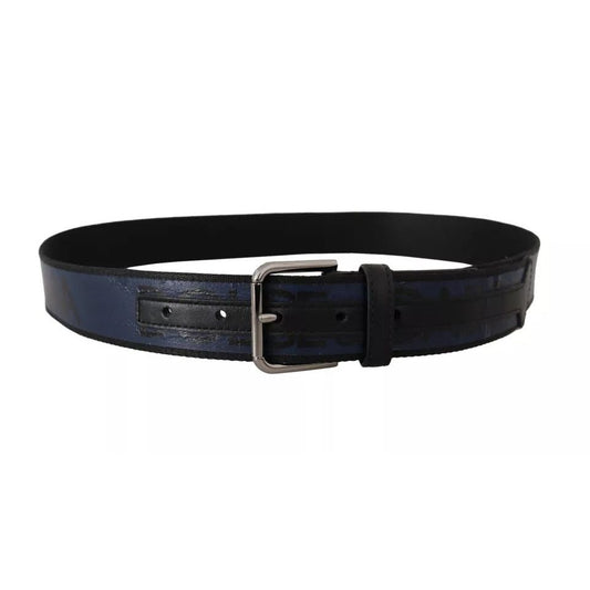Dolce & Gabbana Blue Black Logo Print Silver Buckle Belt -90