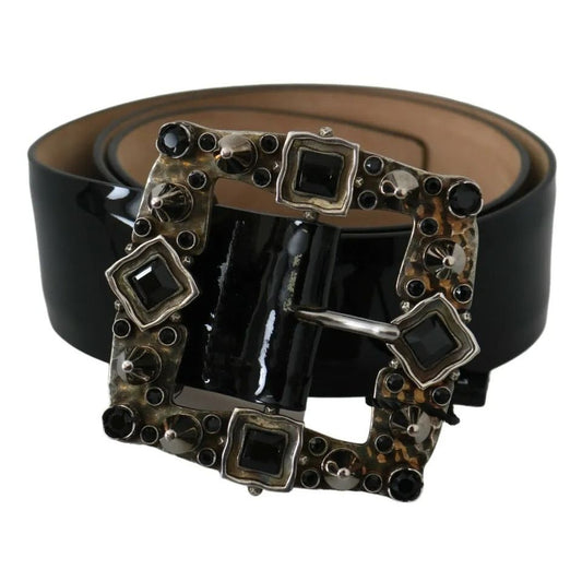 Dolce & Gabbana Black Shiny Leather Crystal Logo Buckle Belt BEL60869-65
