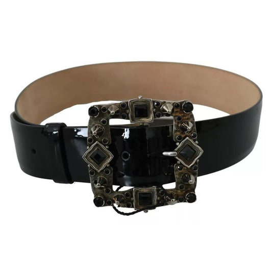 Dolce & Gabbana Black Shiny Leather Crystal Logo Buckle Belt BEL60869-65