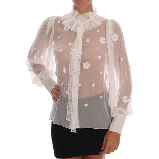 Dolce & Gabbana White Daisy Applique Silk Shirt TSH1440-1