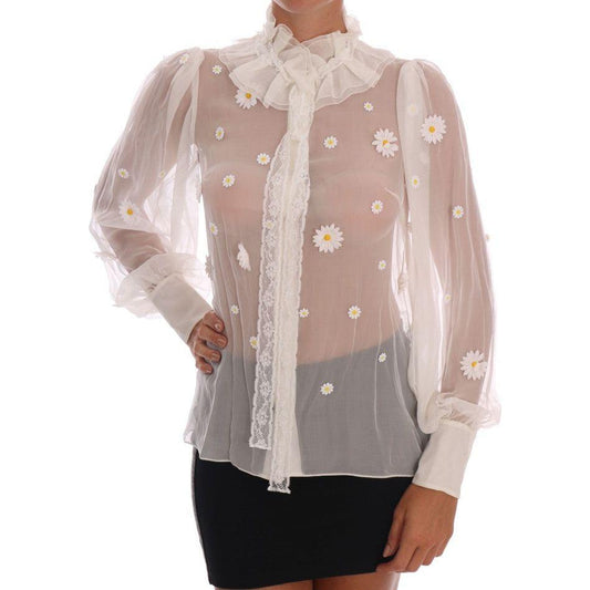 Dolce & Gabbana White Daisy Applique Silk Shirt TSH1440-1