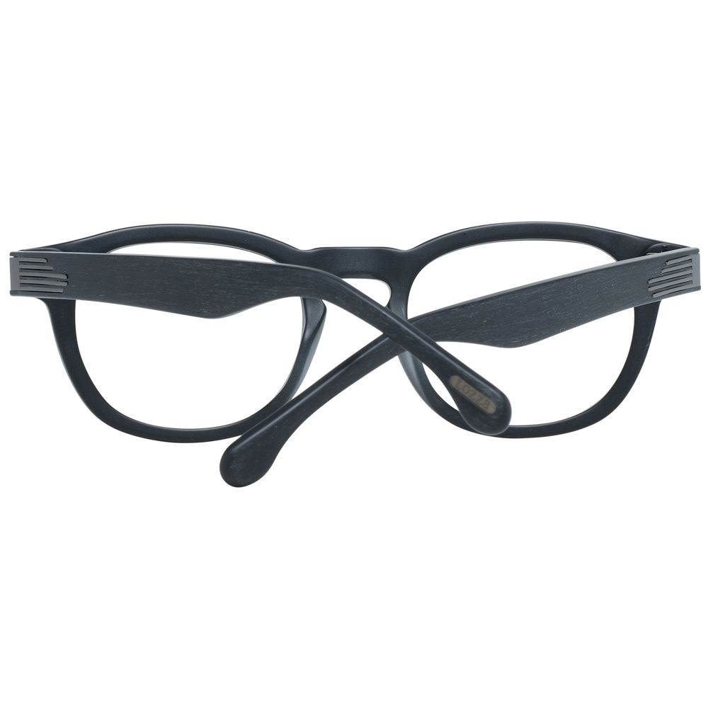 Lozza Black Unisex Glasses Frame with black plastic full-rim design, frame size 48-21-140, includes branded case, sleek black style.