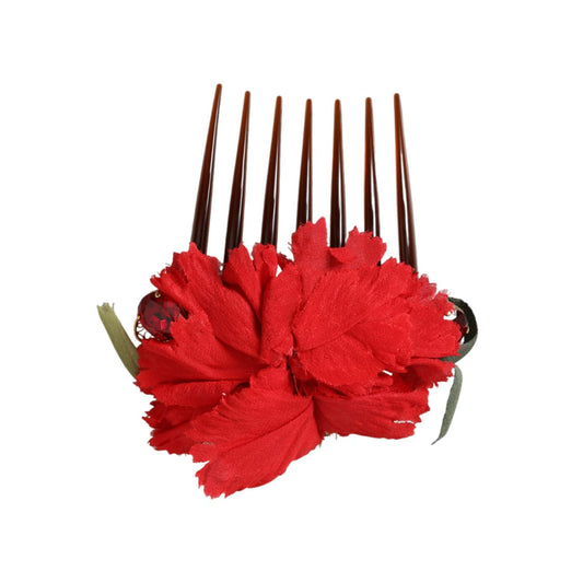 Dolce & Gabbana Red Silk Floral Gold Brass Women Hair Comb