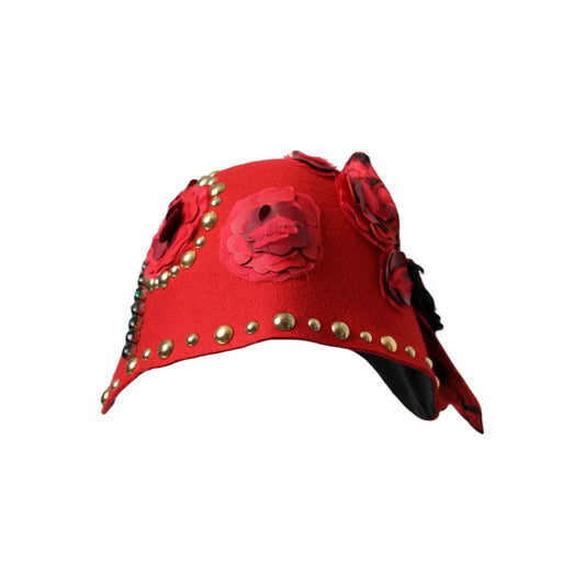 Dolce & Gabbana Red Crystal Gold Roses Brooch Embellished Hat HAT9631