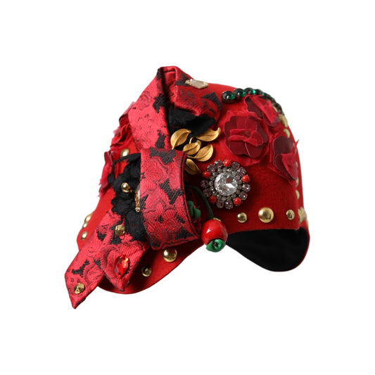 Dolce & Gabbana Red Crystal Gold Roses Brooch Embellished Hat HAT9631
