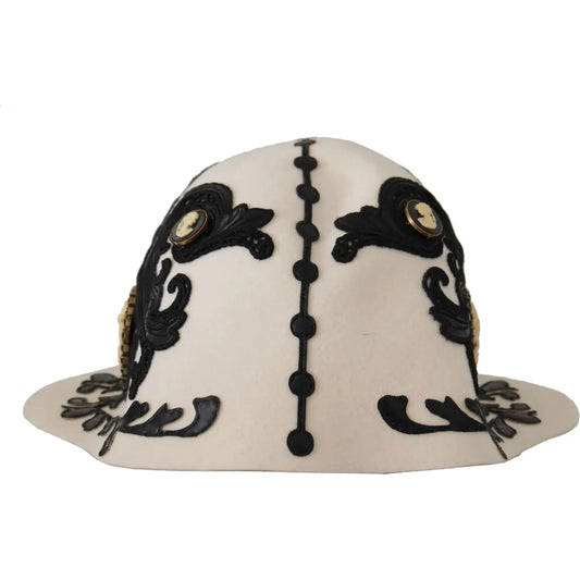 Dolce & Gabbana White Black Wool Embroidered Cameo Brooch Hat HAT9299