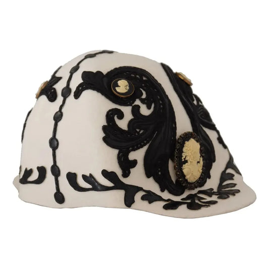 Dolce & Gabbana White Black Wool Embroidered Cameo Brooch Hat HAT9299