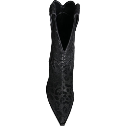 Dolce & Gabbana Black Gray Leopard Cowboy Boots Shoes