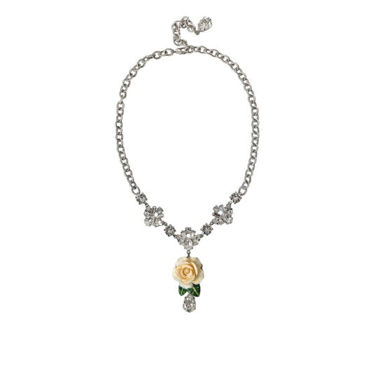 Dolce & Gabbana Silver Brass Clear Crystal Roses Pendants Necklace SMY101277