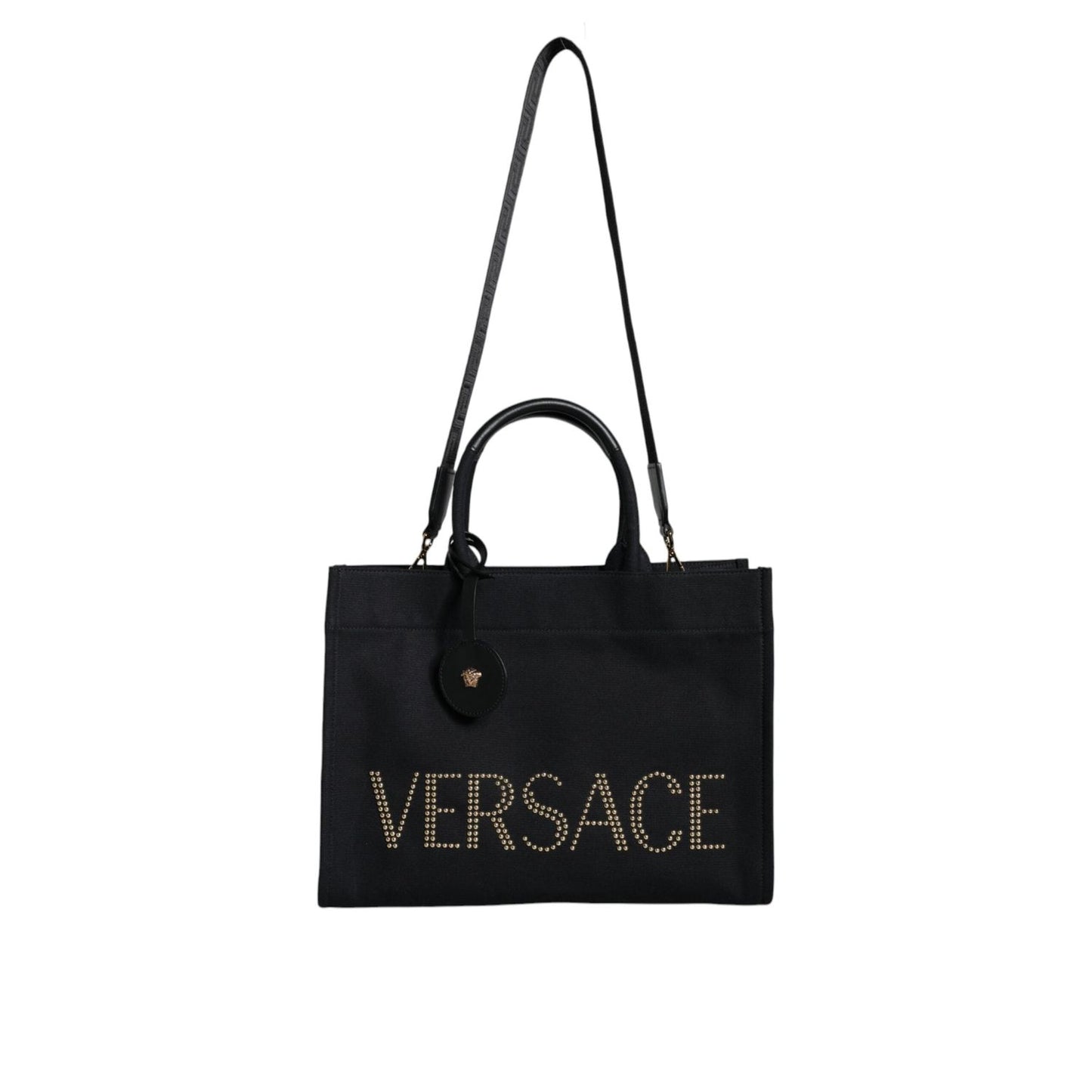 Versace Black Top Handle Canvas Leather Logo Crossbody Tote Bag