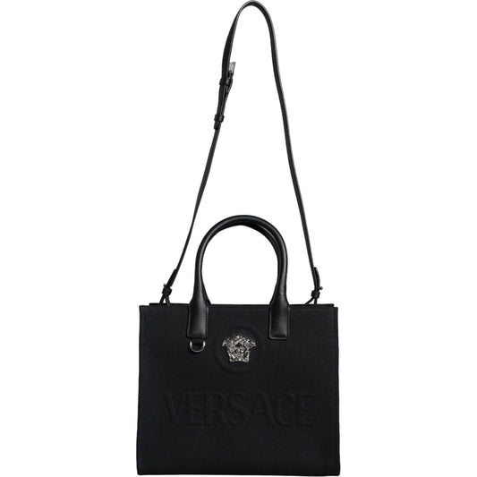 Versace Black Top Handle Canvas Leather Logo Crossbody Tote Bag BAG1594