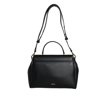 Versace Black Top Handle Grainy Calfskin Leather Crossbody Bag