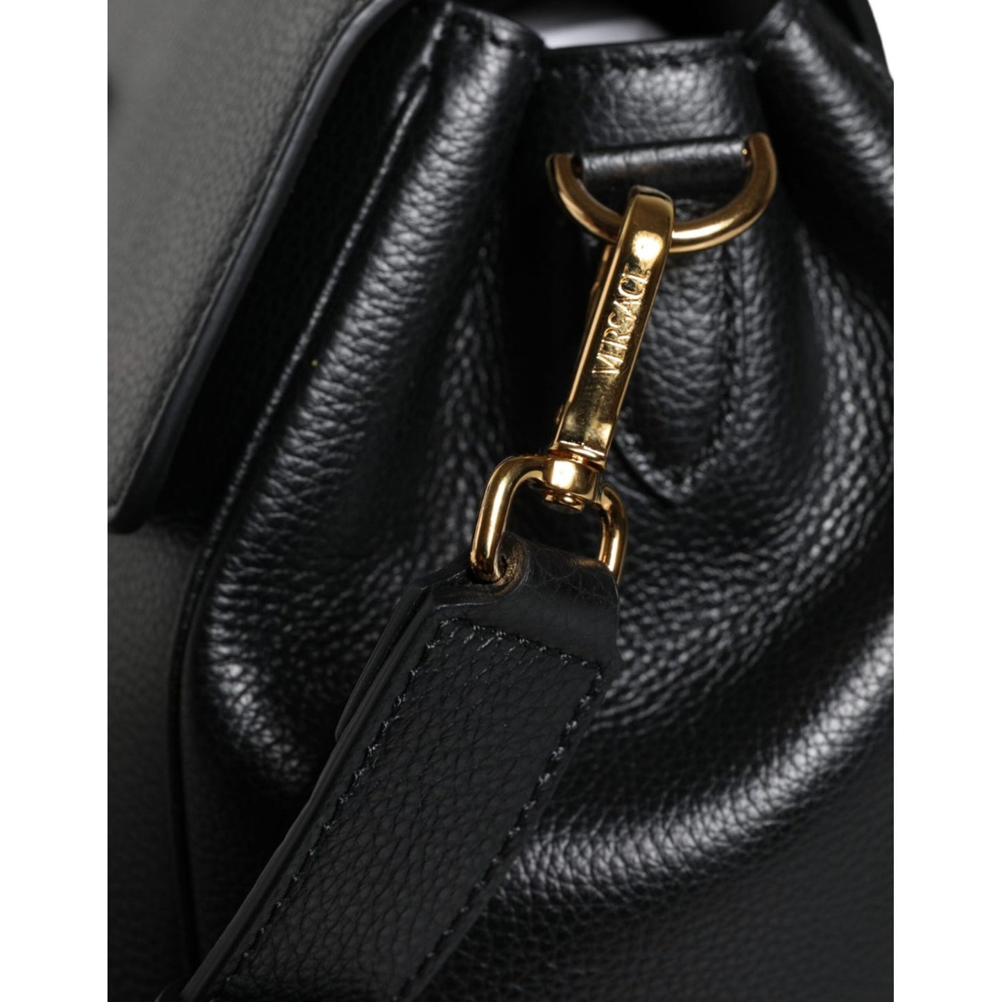 Versace Black Top Handle Grainy Calfskin Leather Crossbody Bag