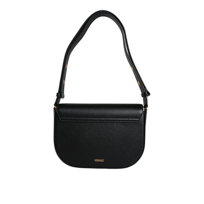 Versace Black Grainy Calf Leather Logo Crossbody Shoulder Bag