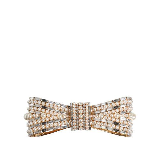 Dolce & Gabbana Gold Tone Brass Bow Crystal FauxPearl Embellished Brooch SMY10377