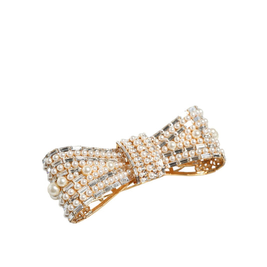 Dolce & Gabbana Gold Tone Brass Bow Crystal FauxPearl Embellished Brooch SMY10377