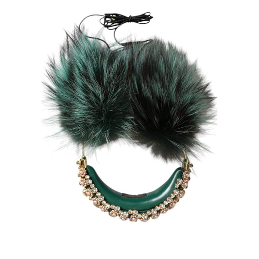 Dolce & Gabbana Green Gold Crystal Fur Headset Audio AUX Headphones SMY10424