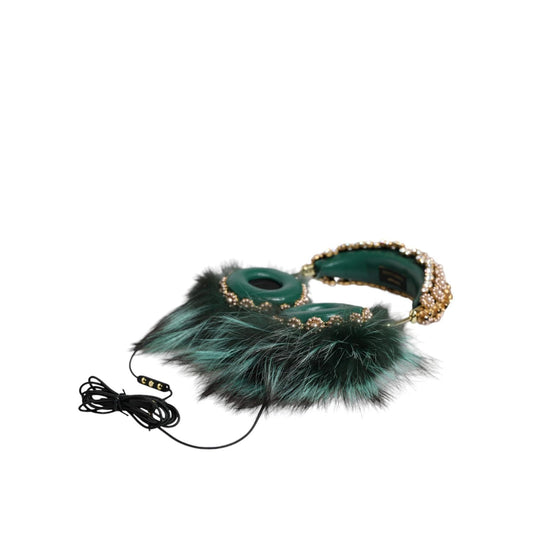 Dolce & Gabbana Green Gold Crystal Fur Headset Audio AUX Headphones SMY10424