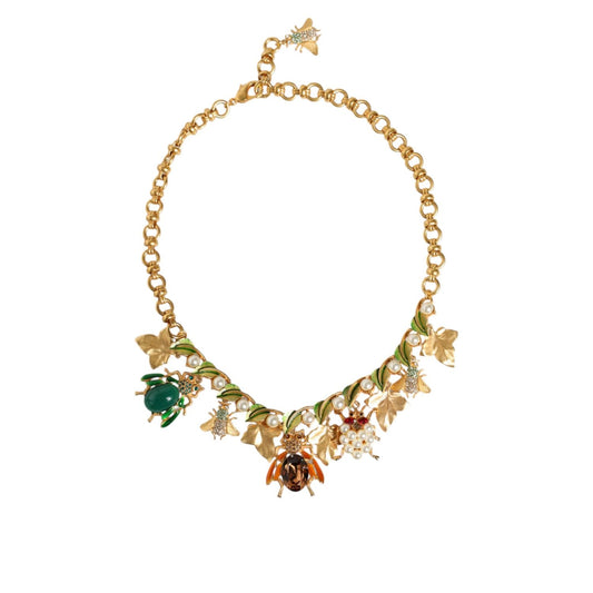 Dolce & Gabbana Gold Brass Crystal Bug Charm Pendant Statement Necklace SMY10351