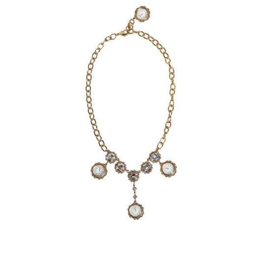 Dolce & Gabbana Gold Chain Brass Crystal Clock Statement Necklace SMY10353