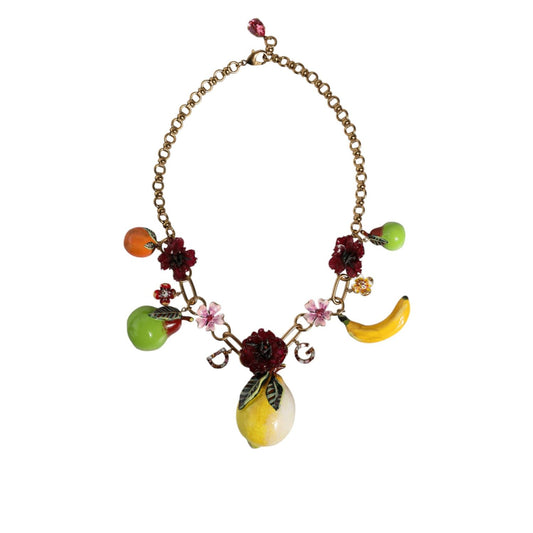 Dolce & Gabbana Gold Brass FRUIT Pendants Flowers Crystal Logo Necklace SMY10357