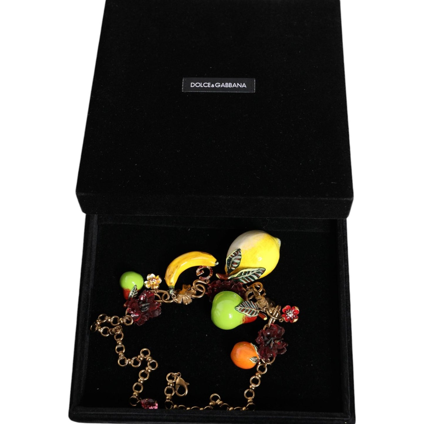 Dolce & Gabbana Gold Brass FRUIT Pendants Flowers Crystal Logo Necklace SMY10357