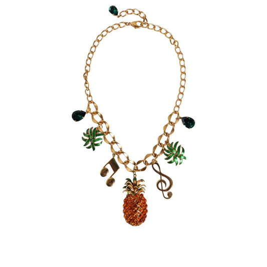 Dolce & Gabbana Gold Tone Brass Chain Pineapple Crystal Musical Necklace SMY10369