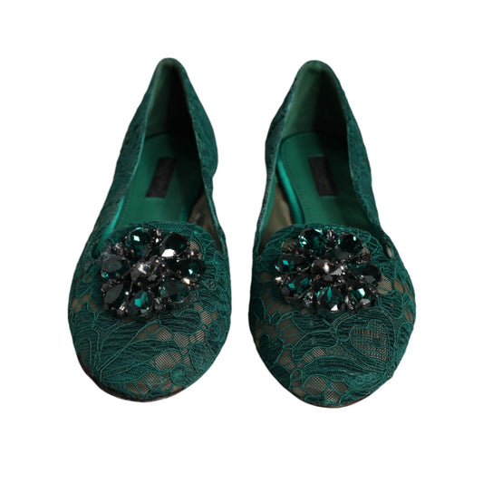 Dolce & Gabbana Green Lace Crystal Ballet Flats Loafers Shoes