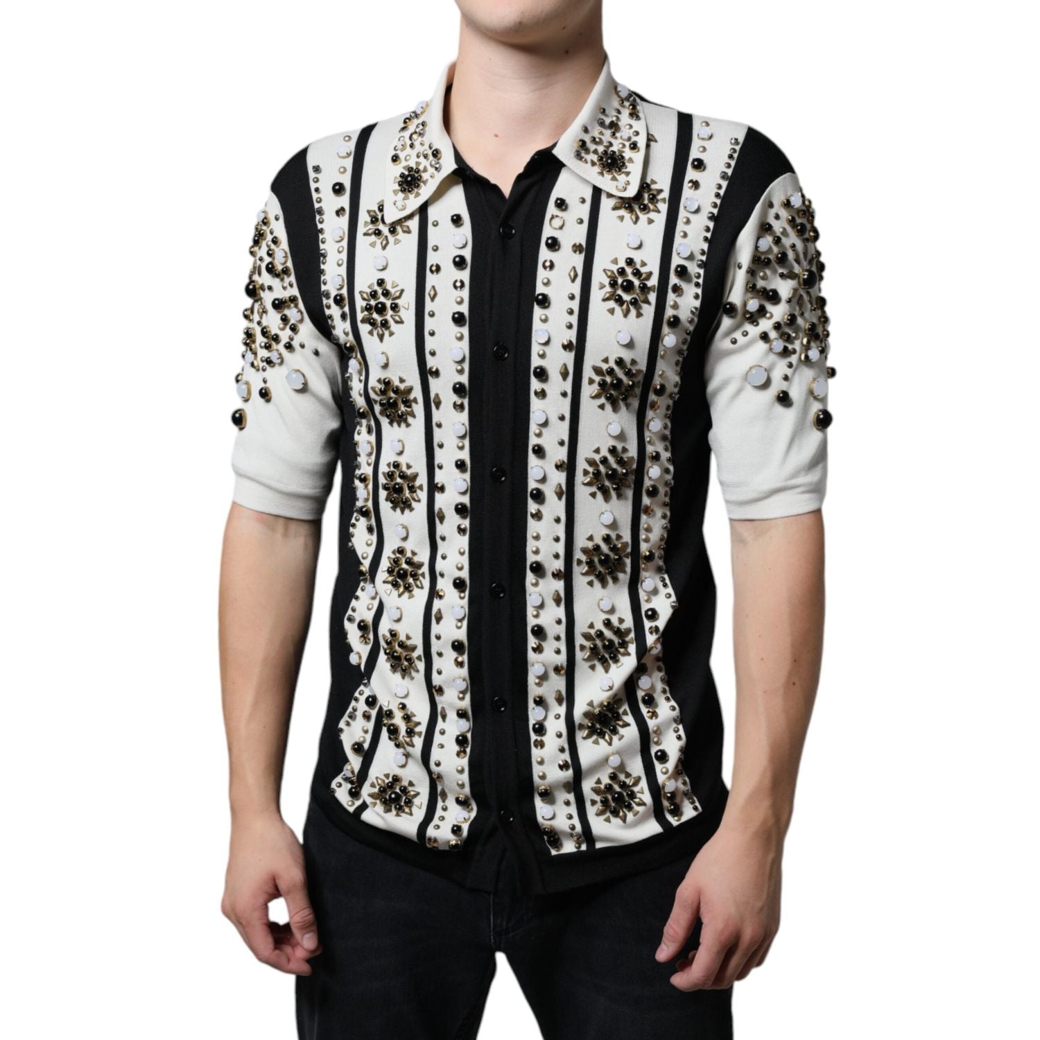 Dolce & Gabbana White Black Silk Studded Stone Crystal Shirt