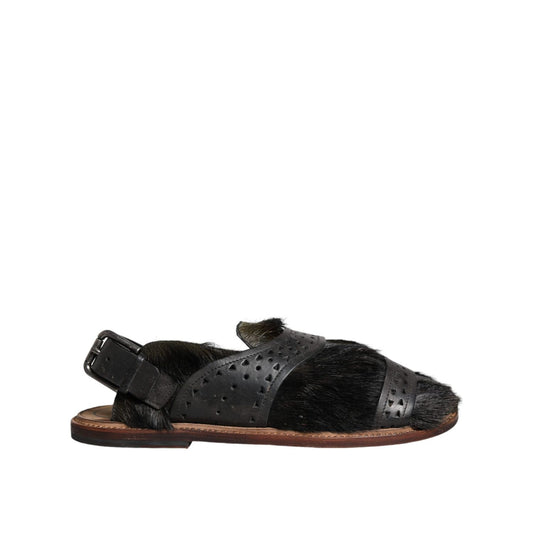 Dolce & Gabbana Black Gazelle Hair Leather Flats Sandals Shoes
