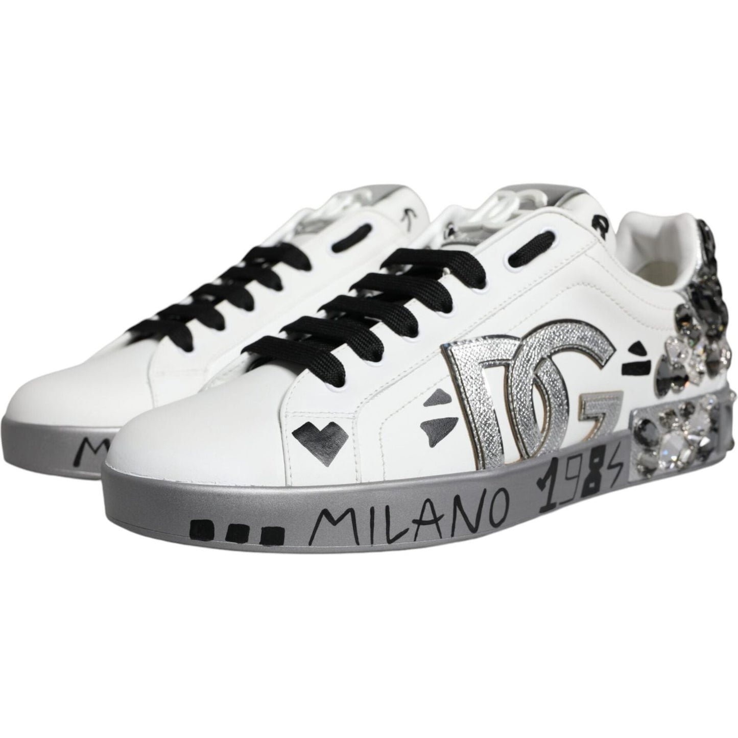 Dolce & Gabbana White Silver Crystal Logo Portofino Sneakers Shoes MV6153-43.5