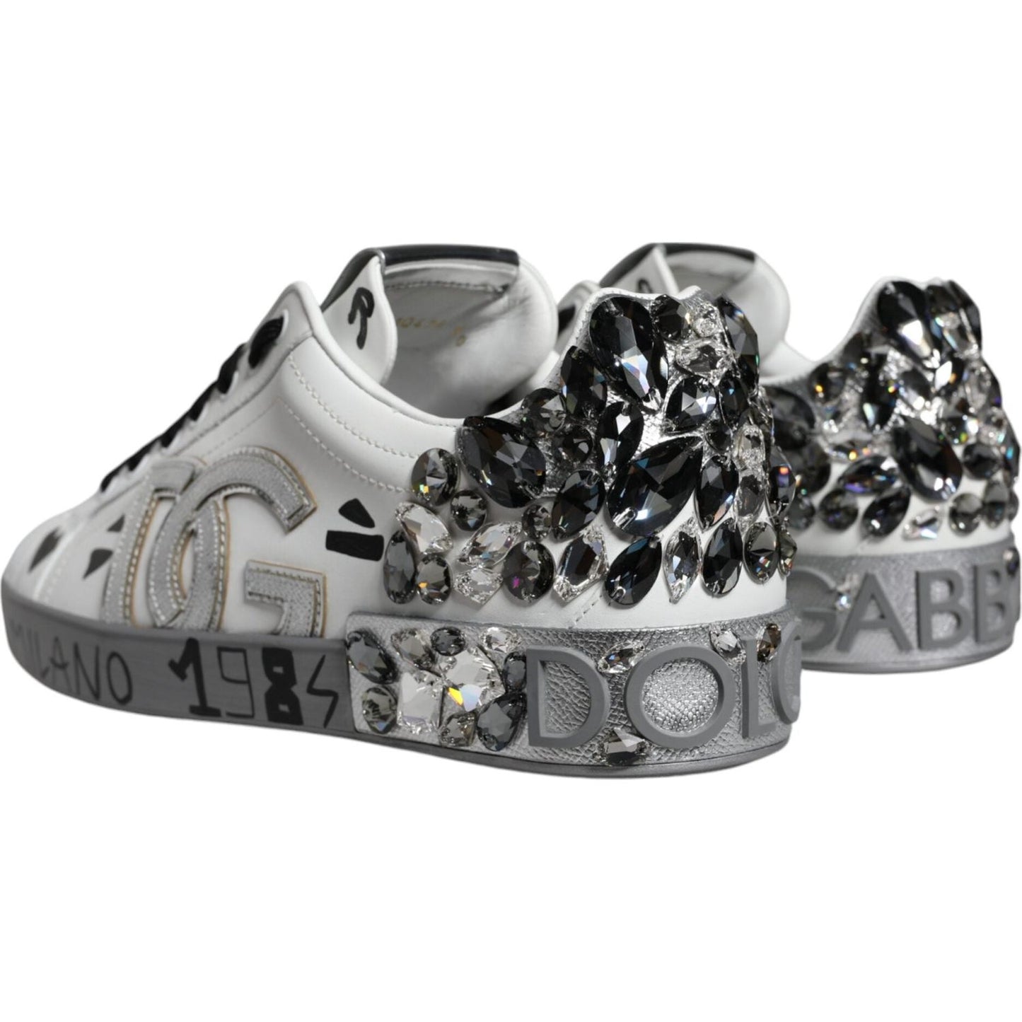 Dolce & Gabbana White Silver Crystal Logo Portofino Sneakers Shoes MV6153-43.5