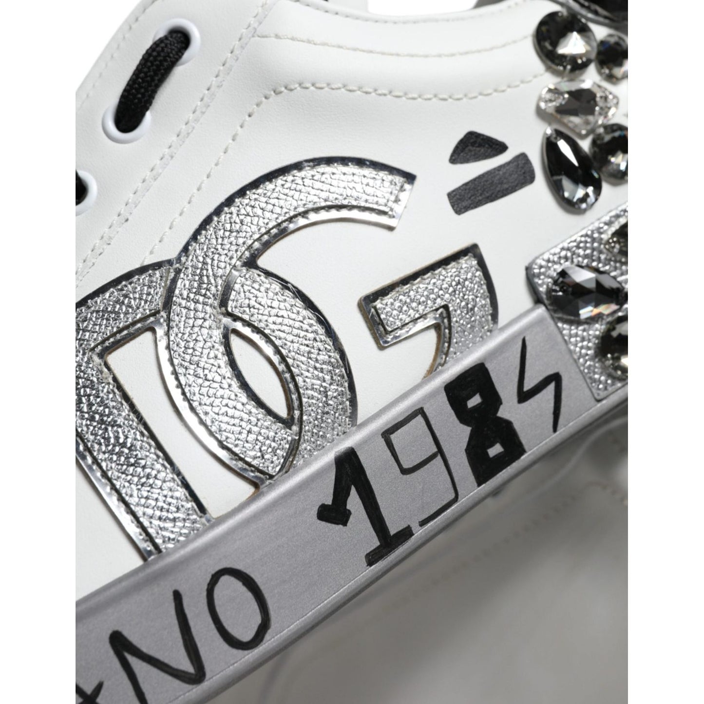 Dolce & Gabbana White Silver Crystal Logo Portofino Sneakers Shoes MV6153-43.5