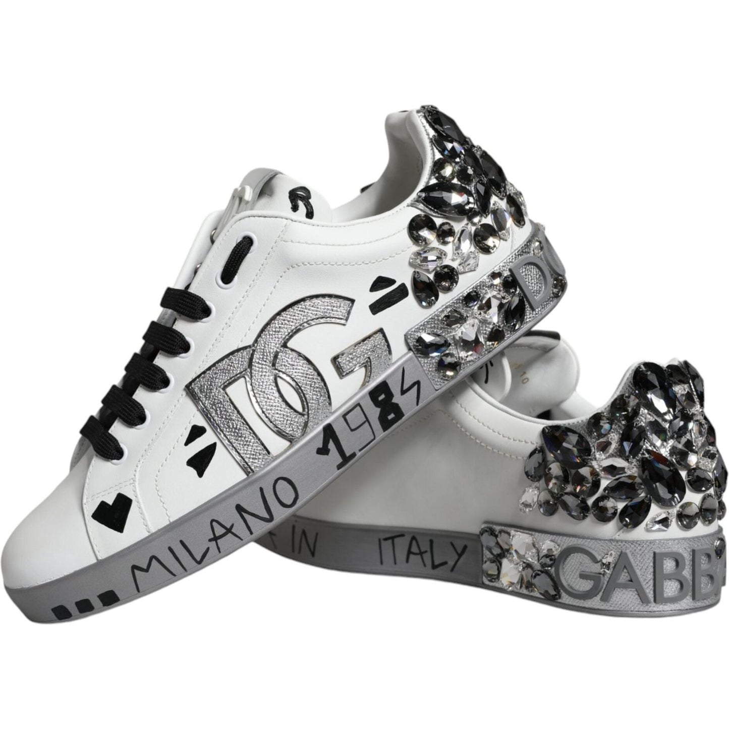 Dolce & Gabbana White Silver Crystal Logo Portofino Sneakers Shoes MV6153-43.5