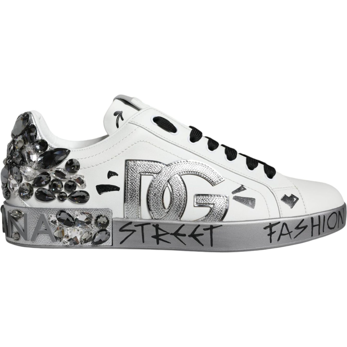 Dolce & Gabbana White Silver Crystal Logo Portofino Sneakers Shoes MV6153-43.5