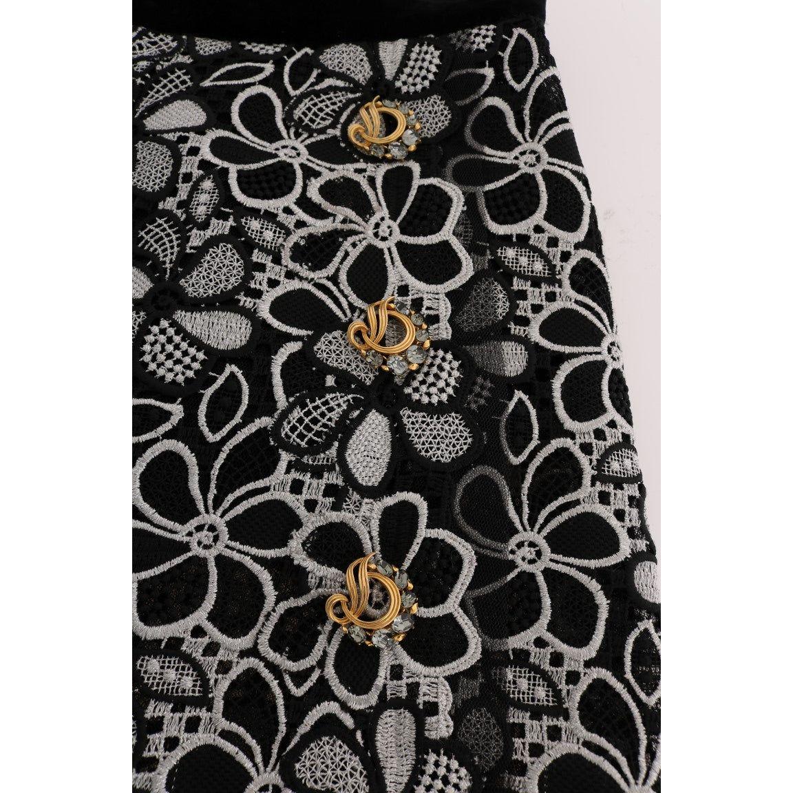 Dolce & Gabbana Floral Macramé Lace Crystal Button Skirt SKI1049-1