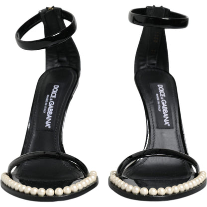 Dolce & Gabbana Black Keira Leather Faux Pearl Sandals Heels Shoes