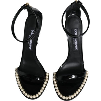 Dolce & Gabbana Black Keira Leather Faux Pearl Sandals Heels Shoes