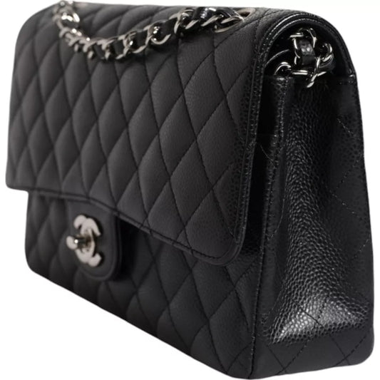 Chanel Black Caviar Medium Classic Double Flap Shoulder Quilted Silver Bag cha187