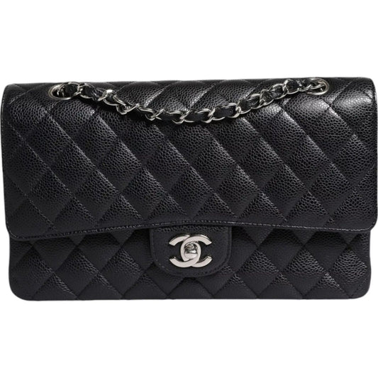 Chanel Black Caviar Medium Classic Double Flap Shoulder Quilted Silver Bag cha187