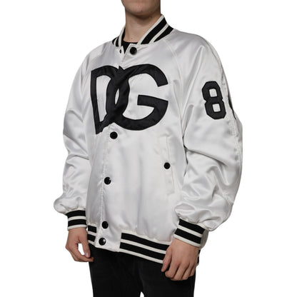 Dolce & Gabbana White Polyester Logo Full Zip Bomber Jacket