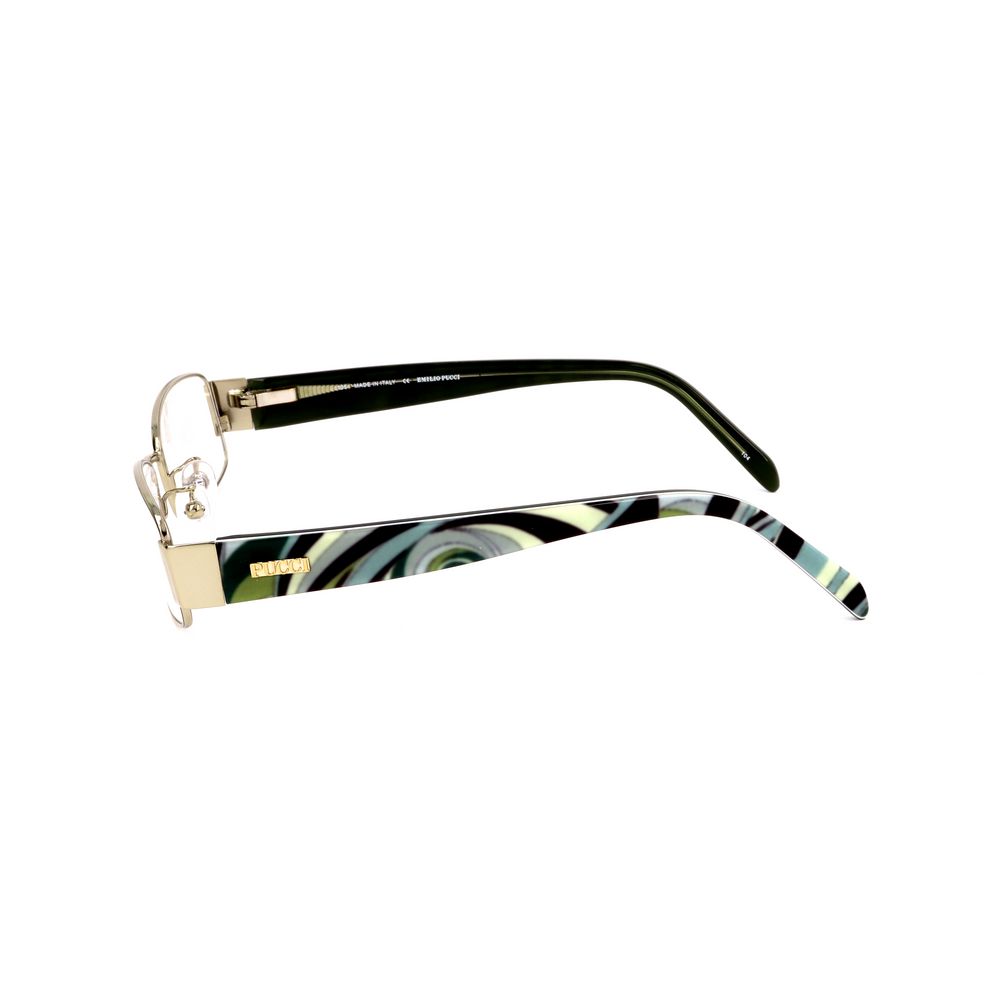 Emilio Pucci Multicolor Metal Frames with swirl pattern on temple, side view of glasses, fashion eyewear for women.