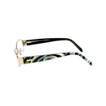 Emilio Pucci Multicolor Metal Frames with swirl pattern on temple, side view of glasses, fashion eyewear for women.