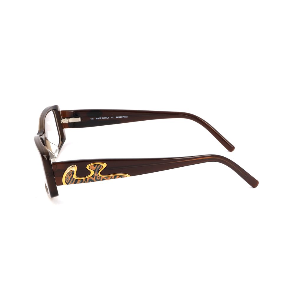 Side view of Emilio Pucci Bicolor Plastic Frames in hazelnut, showing detailed temple design, dimensions 52/15/135 mm.