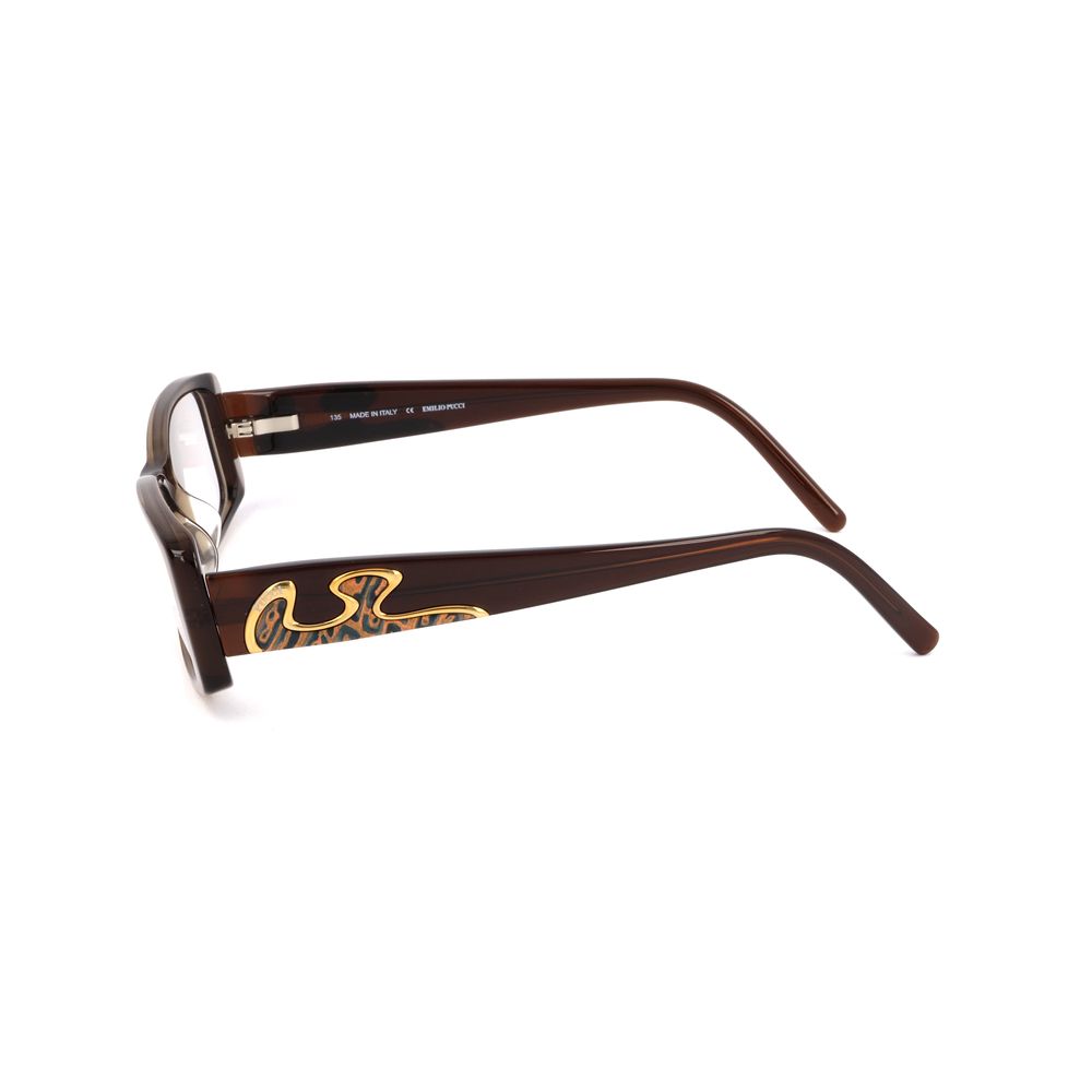 Side view of Emilio Pucci Bicolor Plastic Frames in hazelnut with decorative temple, measuring 50/15/135mm.