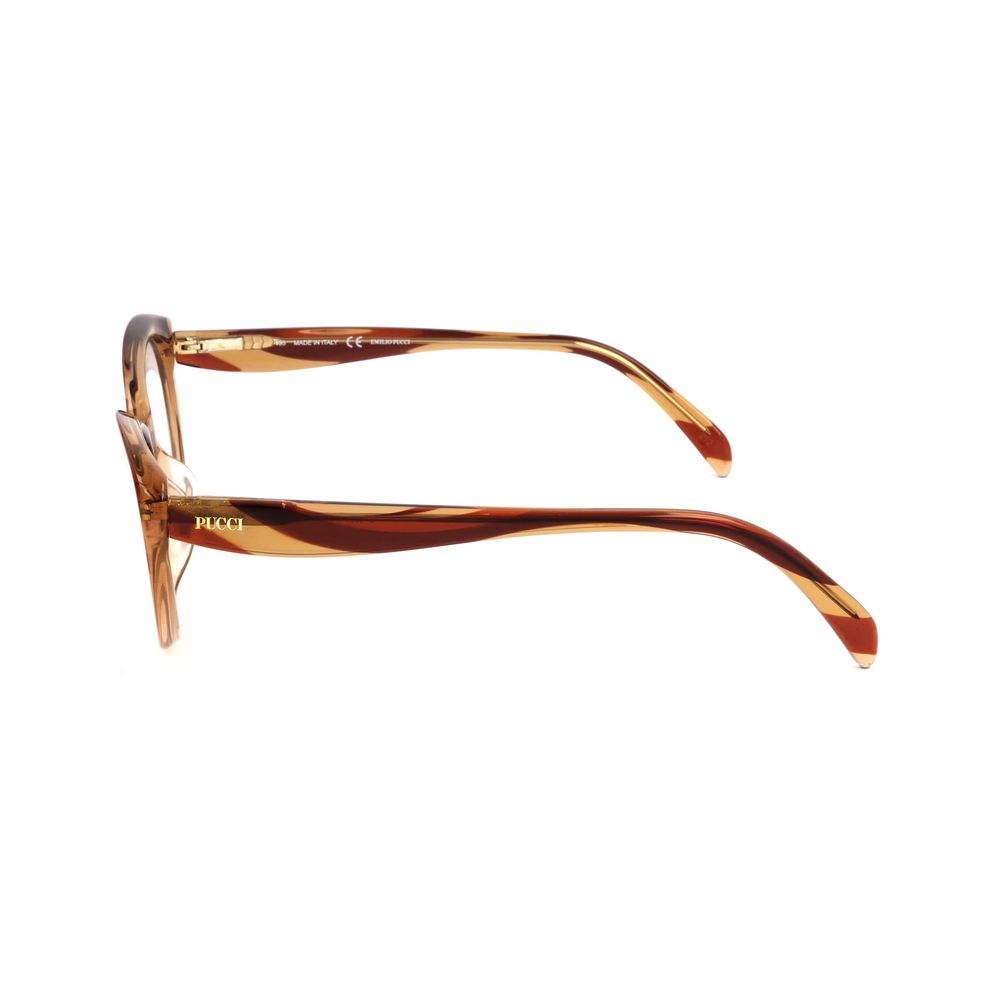 Alt Tag: Side view of Emilio Pucci Bicolor Plastic Frames in hazelnut color, showcasing the elegant temple design with PUCCI branding.