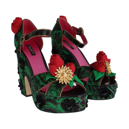Dolce & Gabbana Green Brocade Snakeskin Roses Crystal Shoes