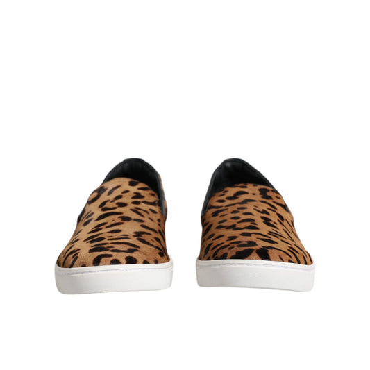 Dolce & Gabbana Brown Calfskin Fur Leopard Men Sneakers Shoes