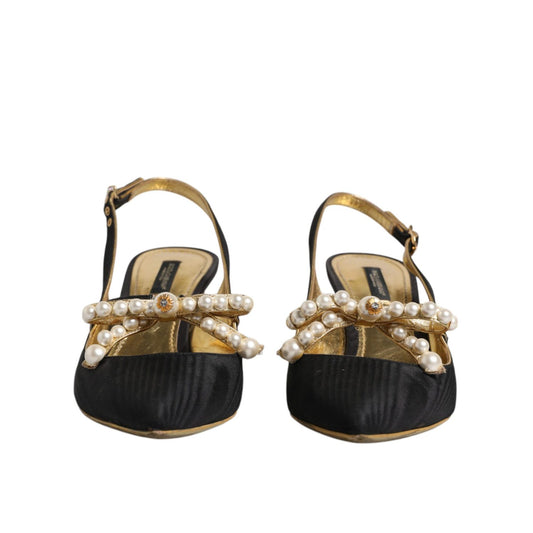 Dolce & Gabbana Black Leather Faux Pearls Slingbacks Shoes