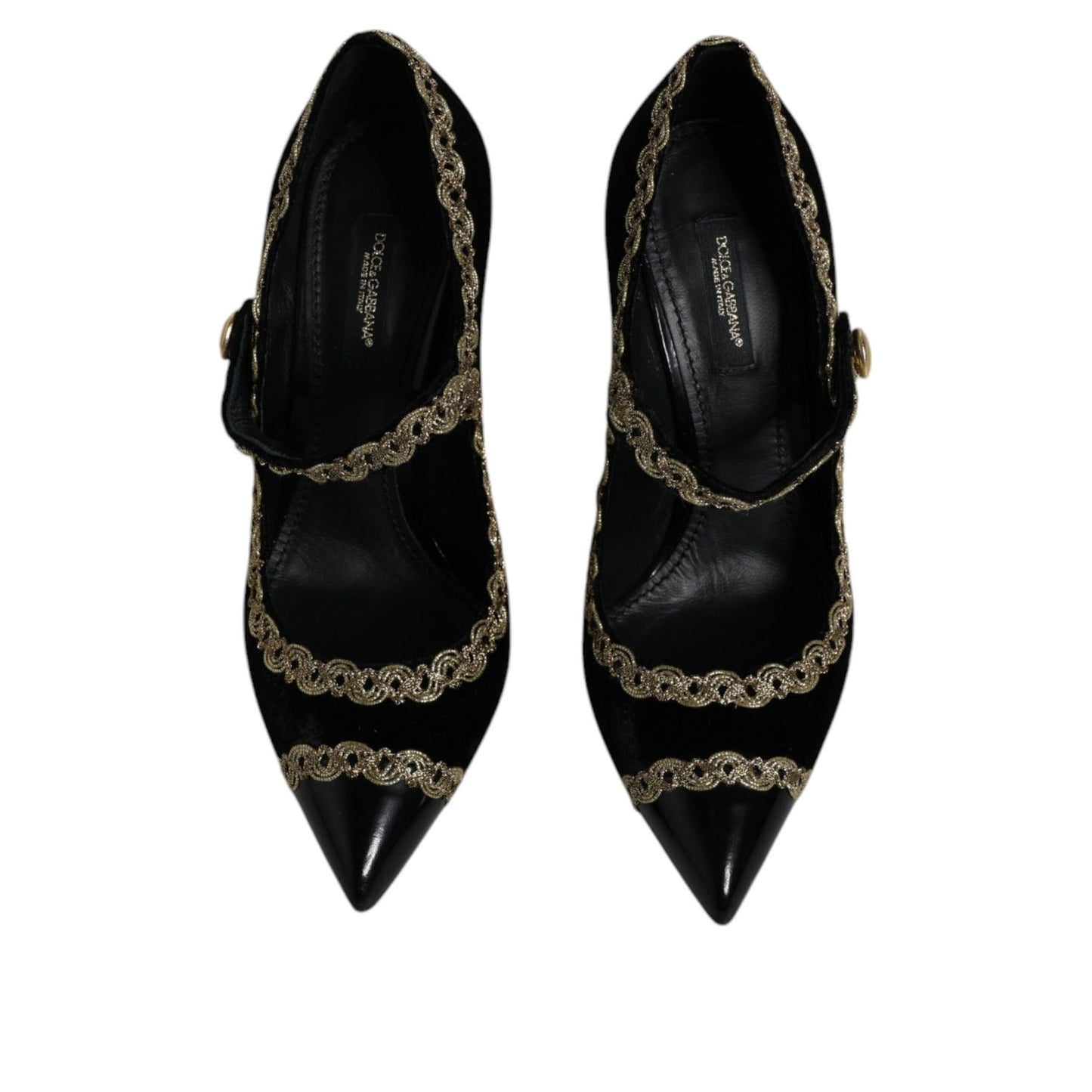 Dolce & Gabbana Black Velvet Gold Mary Janes Pumps Shoes